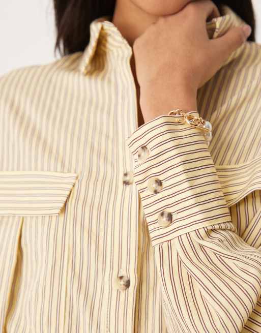 ASOS DESIGN relaxed shirt maxi dress with pockets in pale yellow pinstripe, 3 of 4