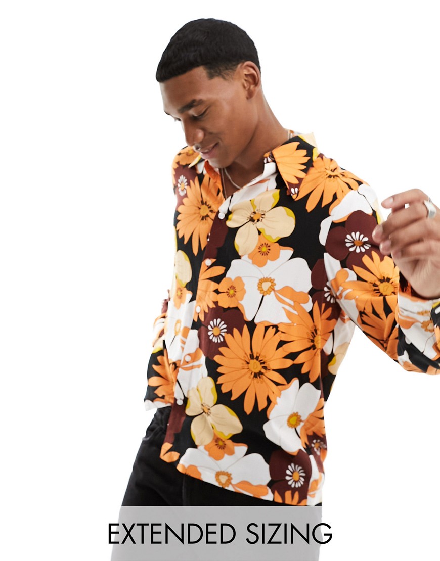 Asos Design Relaxed Shirt With 70s Collar In Orange And Brown Floral Print