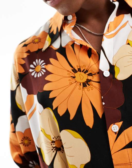 orange floral dress shirt Orange Floral Shirt, Short Sleeve - S Size