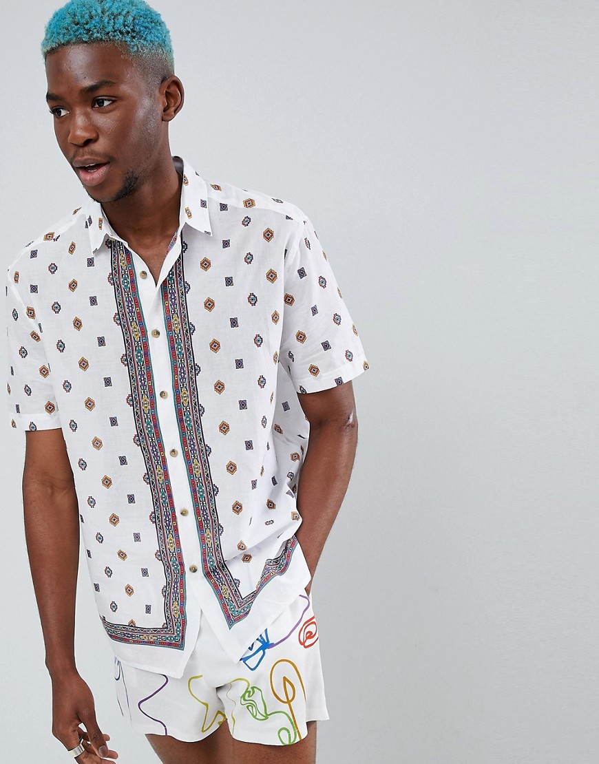 ASOS DESIGN relaxed shirt with aztec placement print in white