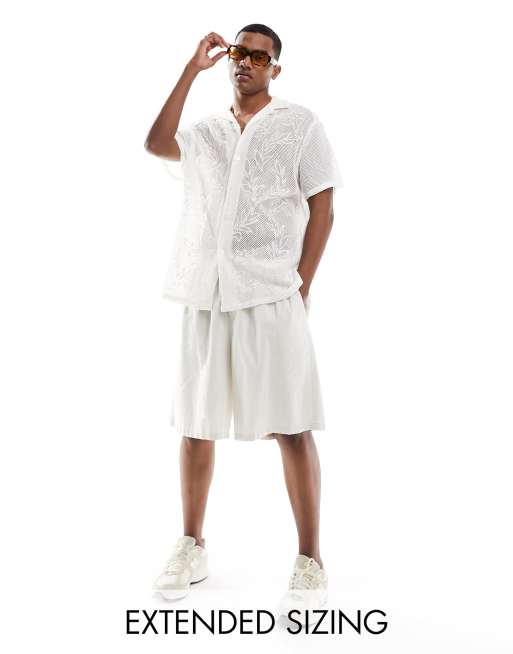 ASOS DESIGN relaxed shirt with camp collar in cotton mesh and floral burnout in white