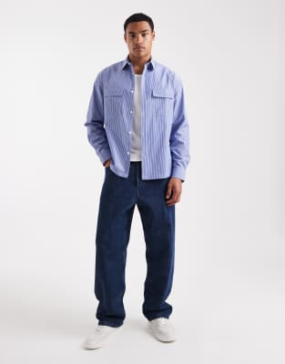 Asos Design Relaxed Shirt With Cargo Pockets In Blue