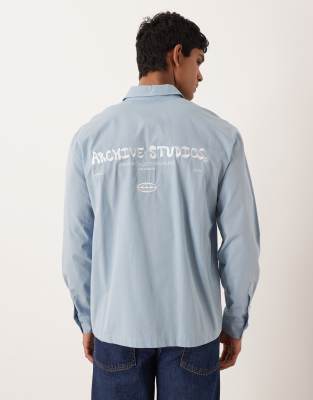 Asos Design Relaxed Shirt With Chest And Back Embroidery In Blue