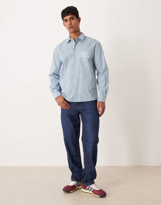 ASOS DESIGN relaxed shirt with chest and back embroidery in blue, 2 of 5