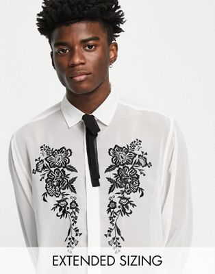 ASOS DESIGN relaxed shirt with chest embroidery and tie neck