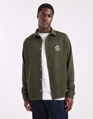 Asos Design Relaxed Shirt With Chest Embroidery In Green