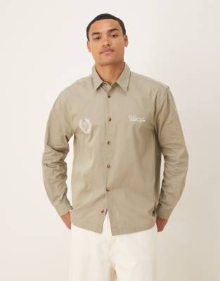 Asos Design Relaxed Shirt With Chest Embroidery In Green