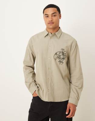 Asos Design Relaxed Shirt With Chest Embroidery In Animal Print
