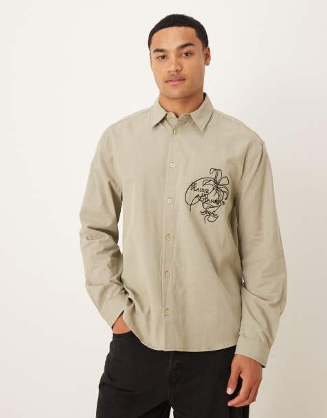 ASOS DESIGN relaxed shirt with chest embroidery in khaki - view 1