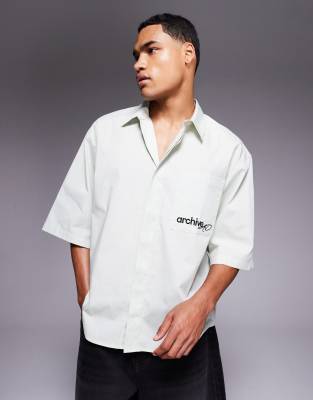 Asos Design Relaxed Shirt With Chest Embroidery In Gray