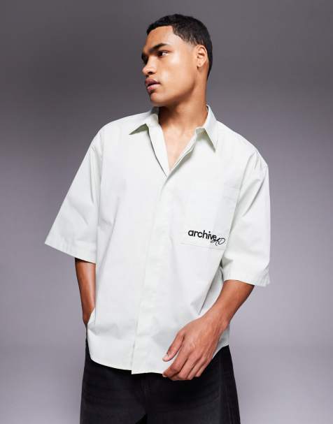 ASOS DESIGN relaxed shirt with chest embroidery in light green - view 1