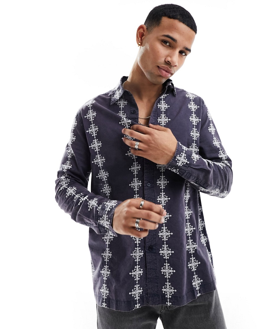 ASOS DESIGN relaxed shirt with contrast broderie stripe-Navy