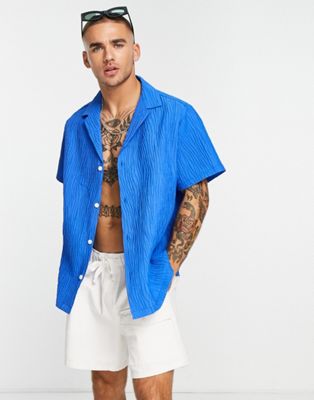 ASOS DESIGN relaxed shirt with crinkle texture in cobalt blue