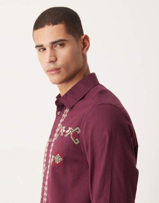 ASOS DESIGN relaxed shirt with cross stitch boarder print in burgundy, 4 of 5