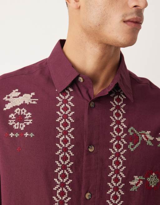 ASOS DESIGN relaxed shirt with cross stitch boarder print in burgundy, 5 of 5