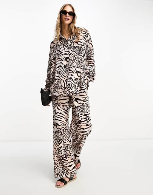 ASOS DESIGN relaxed shirt with dip hem with linen in animal print - part of a set