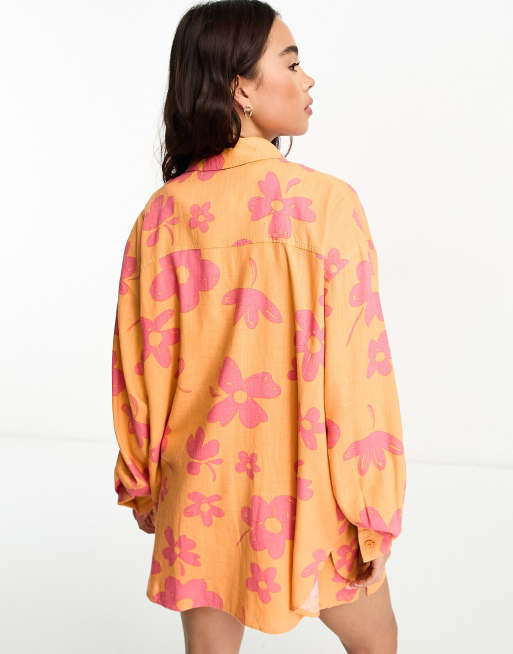 ASOS DESIGN relaxed shirt with dip hem with linen in orange and