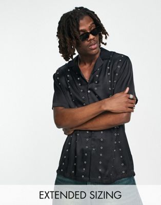 ASOS DESIGN relaxed shirt with eyelet detail in satin in black  - ASOS Price Checker