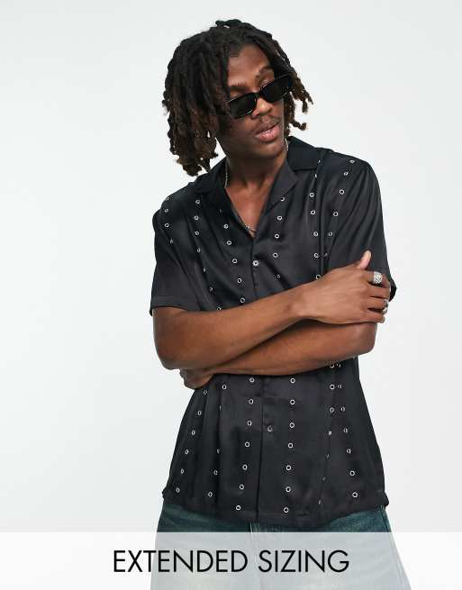 ASOS DESIGN relaxed shirt with eyelet detail in satin in black