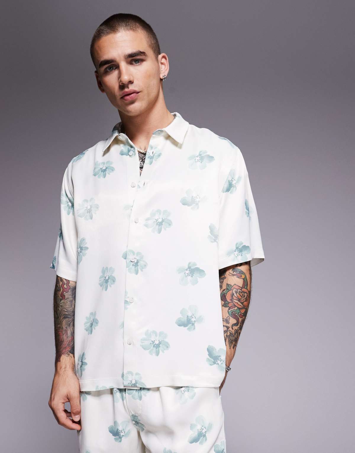 ASOS DESIGN relaxed shirt with floral print in neutral