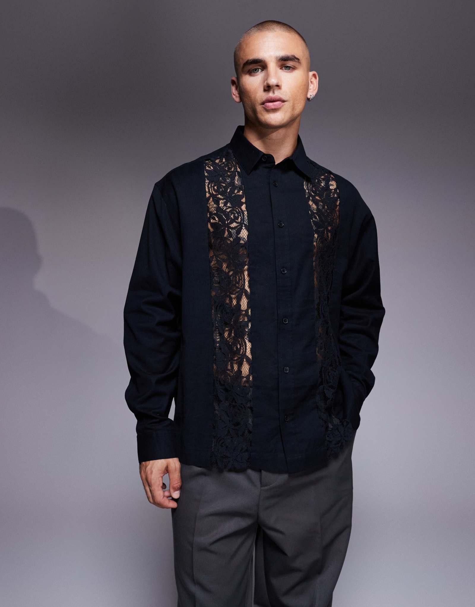 Непринужденная рубашка ASOS DESIGN с кружевной вставкой черного цвета