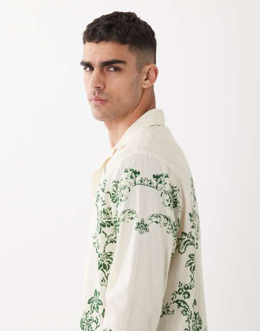 ASOS DESIGN relaxed shirt with linen and all over floral print in white, 4 of 5