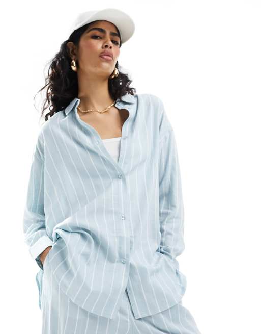 ASOS DESIGN relaxed shirt with linen in blue stripe | ASOS