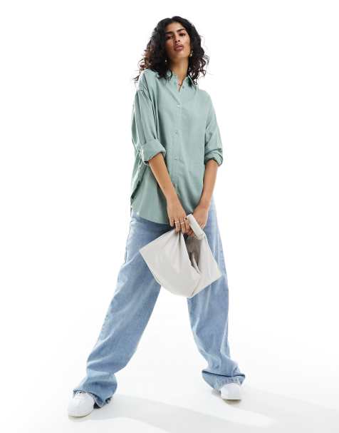 ASOS DESIGN relaxed shirt with linen in green - view 1