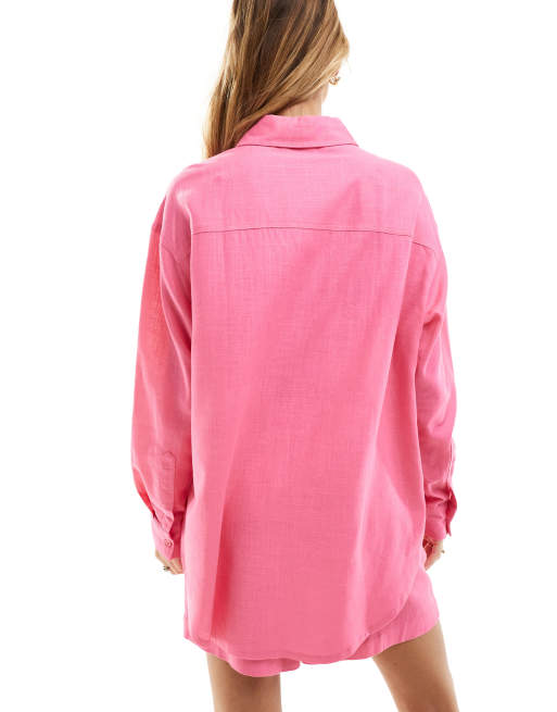 ASOS DESIGN relaxed shirt with linen in pink co-ord, 3 of 4