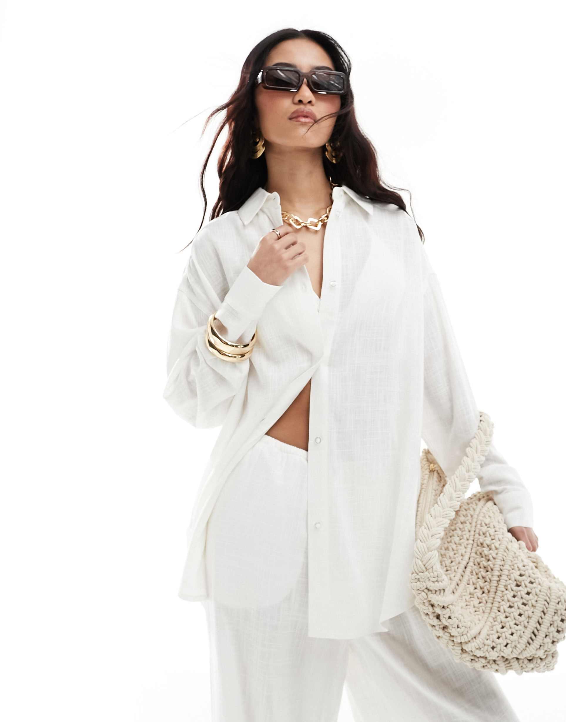 asos design relaxed shirt with linen in white