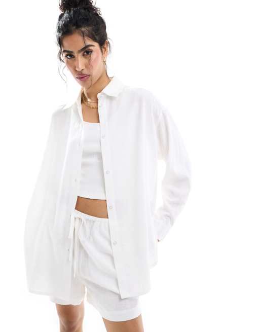 ASOS DESIGN relaxed shirt with linen look in white (part of a set), 2 of 4