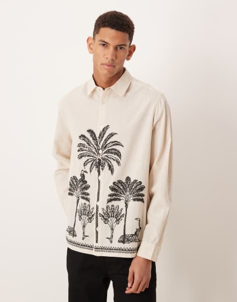 ASOS DESIGN relaxed shirt with linen with palm tree placement print in beige - view 1