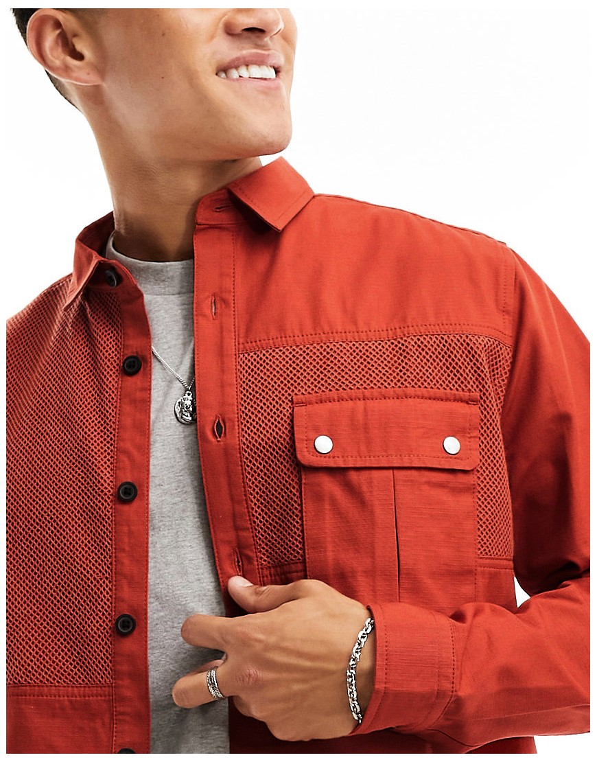 Asos Design Relaxed Shirt With Mesh Panels And Cargo Pockets In Washed Red