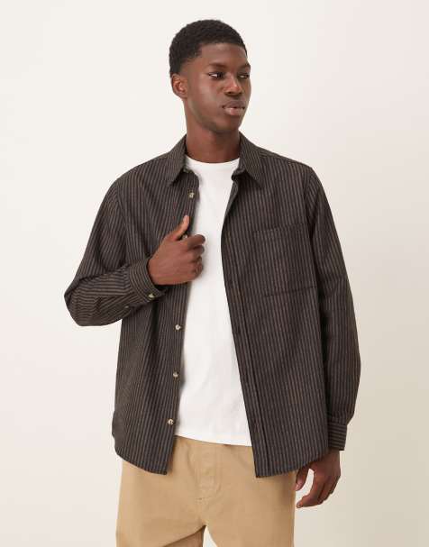 ASOS DESIGN relaxed shirt with pocket in navy and brown stripe - view 1