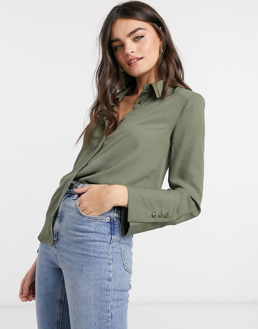 ASOS DESIGN relaxed shirt with shoulder pad detail in khaki-Green