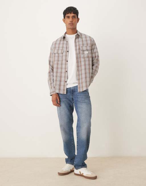 ASOS DESIGN relaxed shirt with workwear badge detail in brown check, 2 of 5