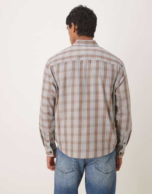 ASOS DESIGN relaxed shirt with workwear badge detail in brown check, 3 of 5