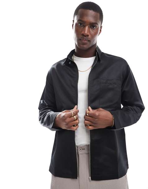 ASOS DESIGN relaxed shirt with zip in black satin - view 1