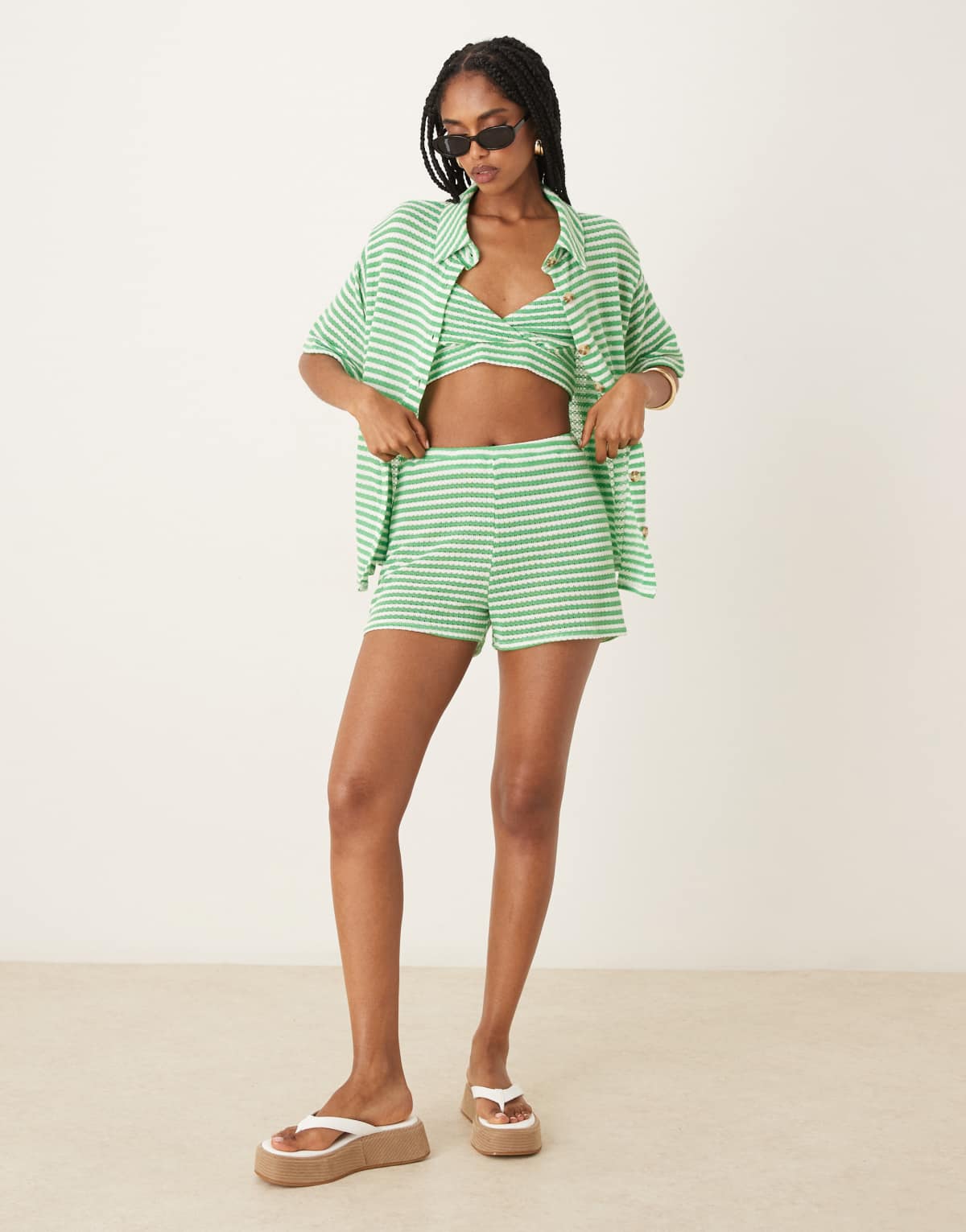 ASOS DESIGN relaxed short co-ord in knitted green and white stripe