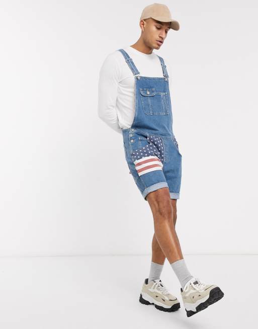 ASOS DESIGN Plus denim dungaree shorts in mid wash, ASOS