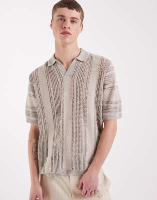 Asos Design Relaxed Short Sleeve Knit Crochet Notch Neck Polo In Gray