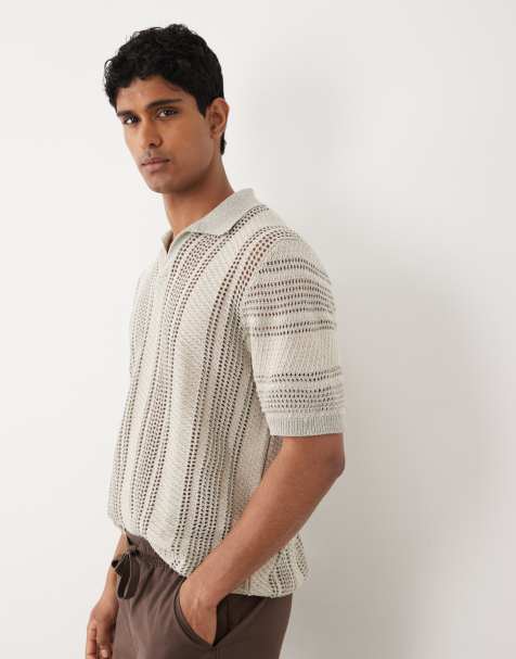ASOS DESIGN relaxed short sleeve knit crochet notch neck polo in beige - view 1