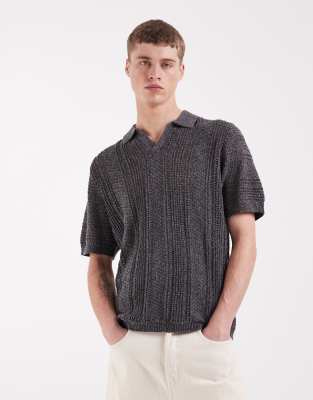 Asos Design Relaxed Short Sleeve Knit Crochet Notch Neck Polo In Gray