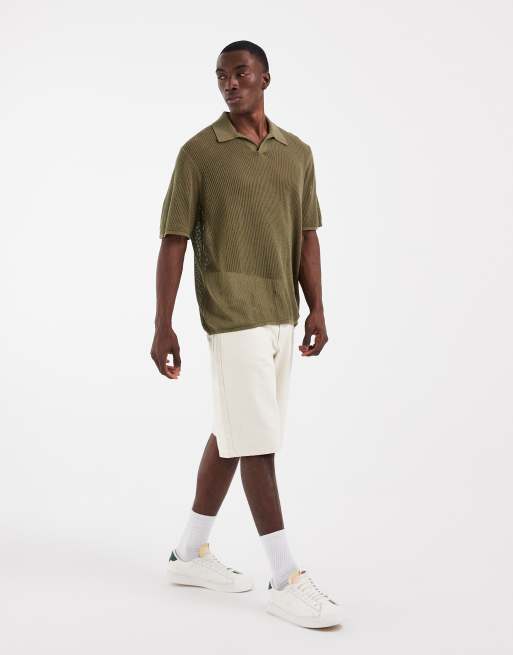 ASOS DESIGN relaxed short sleeve knit mesh notch neck polo in khaki, 3 of 5