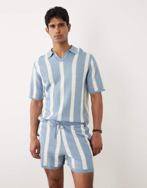 ASOS DESIGN relaxed short sleeve knit striped notch neck polo in blue & ecru, 2 of 5