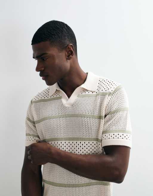 ASOS DESIGN relaxed short sleeve knit textured striped polo in sage and ecru, 2 of 5