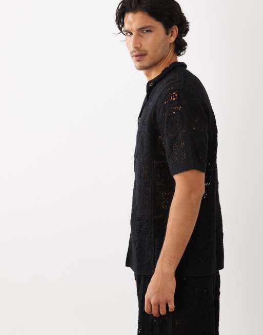 ASOS DESIGN relaxed short sleeve knitted crochet button through revere shirt in black, 4 of 5