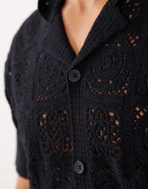 ASOS DESIGN relaxed short sleeve knitted crochet button through revere shirt in black, 5 of 5