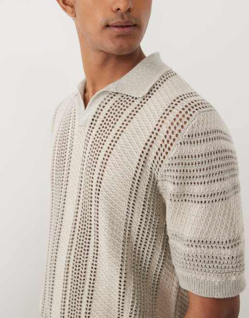 ASOS DESIGN relaxed short sleeve knitted crochet notch neck polo in beige, 3 of 5
