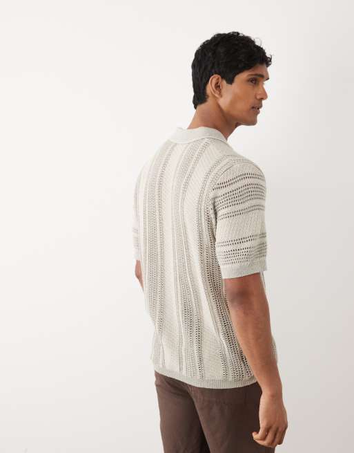 ASOS DESIGN relaxed short sleeve knitted crochet notch neck polo in beige, 4 of 5
